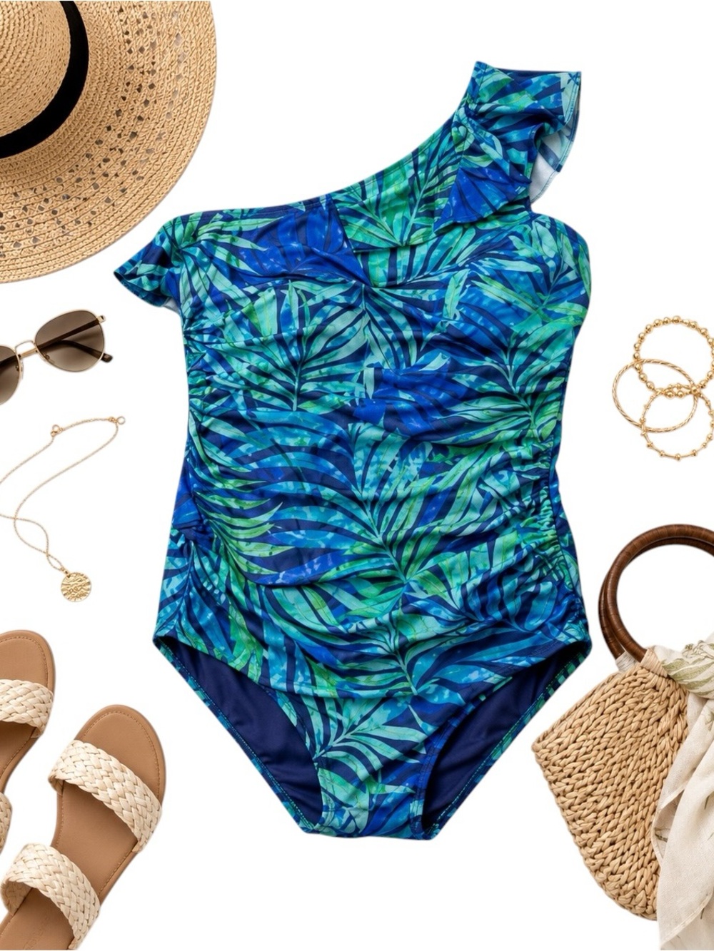 Tempt Me One Shoulder Tropical Ruched Slimming Swimsuit XL NWT Blue Green New